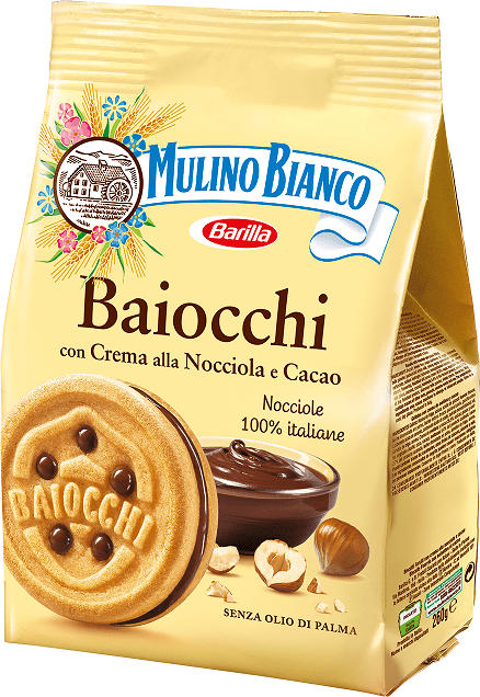Mulino Bianco Biscuits Baiocchi fourrés à la Crème aux Noisettes et au Cacao
